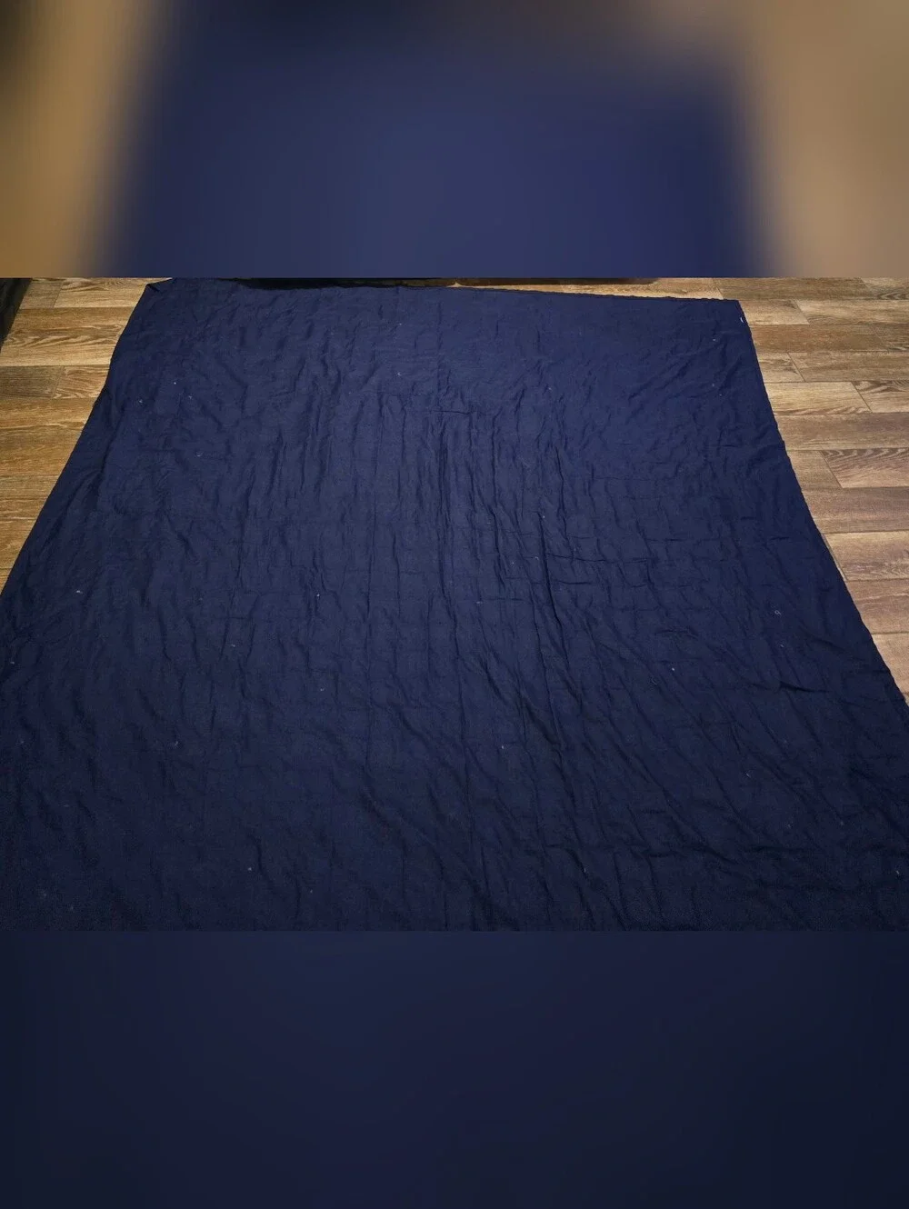 VTG Handmade YoYo Quilt Color Patchwork Dark Blue Backing Coverlet 96x86 Grandma
